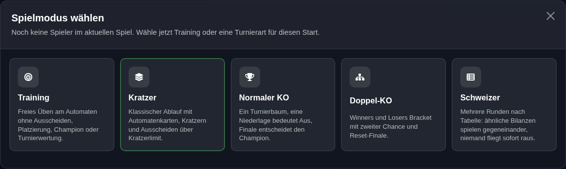 EzDarts Spielmodus-Auswahl mit Kratzer, Training, KO und Schweizer System